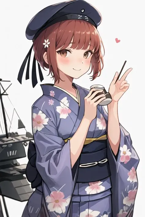 best quality, masterpiece, highres, solo, {z3_max_schultz_kantaicollection:1.15}, short_hair, brown_eyes, brown_hair, hat, sailor_hat, blush, 1girl, alternate_costume, japanese_clothes, kimono, blue_kimono, hair_ornament, obi, sash, simple_background, whit...