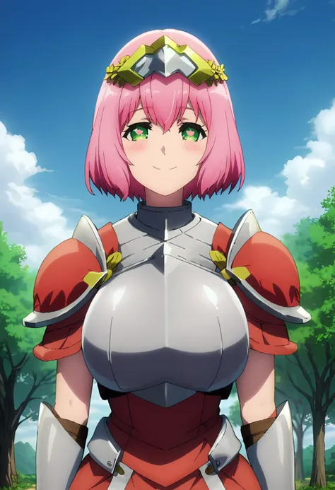 a woman in armor with pink hair and a helmet on