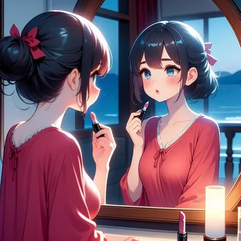 (((masterpiece))),  (((best quality))), (((from side))), (((apply lipstick))), (((holding a lipstick))), (((reflection))), (((looking at mirror))), collarbone, necklace, red chiffon tunic, window, bedroom, ((blue tone)), (((night view))), sea, beach, full ...