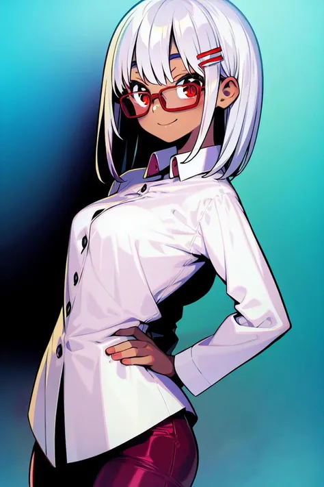 masterpiece, <lora:onono_imoco-59:1>
onono_imoco, 1girl, solo, dark-skinned female, white hair, glasses, red eyes, smile, suit, white shirt, hands on hips, hair ornament, hair clip, medium hair