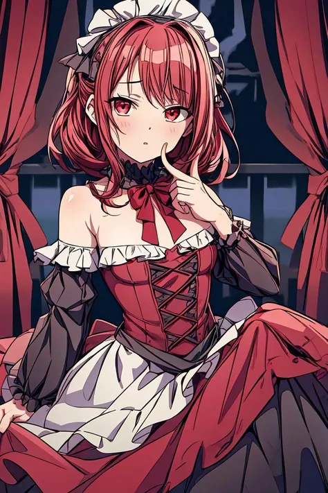 (masterpiece, best quality), 1girl, red hair, medium chest, gothic frill dress, pervert face, <lora:add_detail:1>