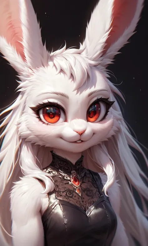 a close up of a white rabbit with red eyes and long hair