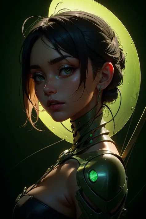 (masterpiece, best quality:1.2), RAW photo of An enigmatic close-up photograph capturing the ethereal beauty of a mysterious woman with intricate biomechanical details on her anatomical face, wires connected to head, metal, green spotlight, dark theme, (hi...