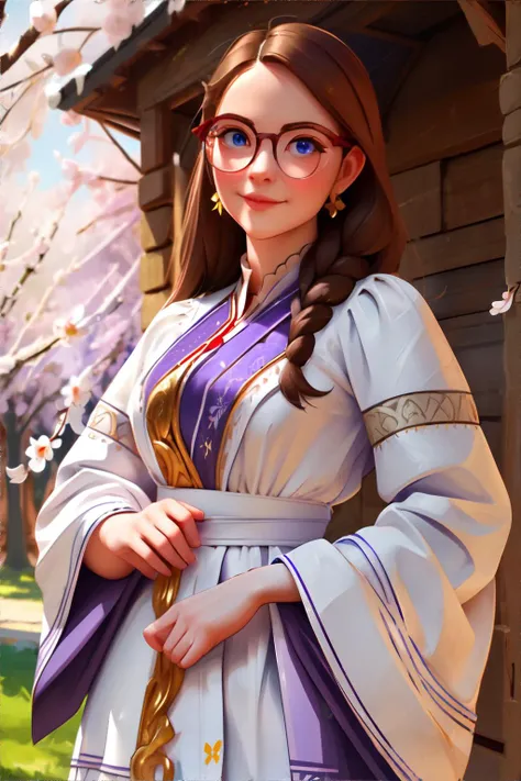 <lora:bzl:0.7> <lora:slavicfantasy:0.6>, slavic style, bzl_test, beautiful young woman, traditional white dress with purple trim, brown hair, (grey|blue|green) eyes, glasses, closed smile, spring time || masterpiece, perfect quality, sharp focus, shallow d...