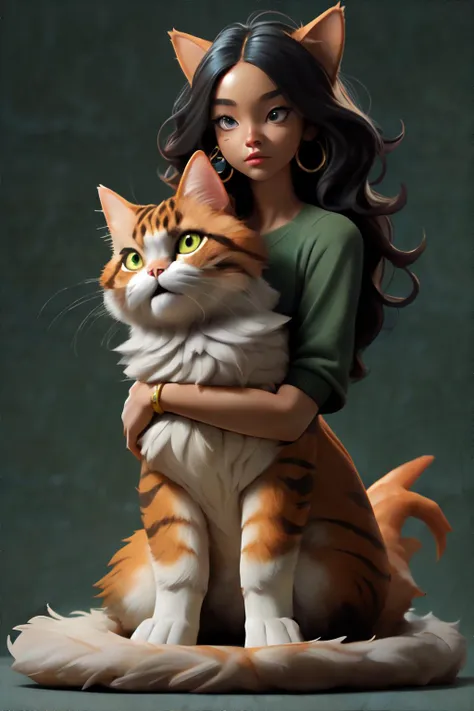 <lora:giantcats:0.7>, 1girl wearing flowing green dress, dark skin, oversized orange cat, jungle, <clip:skip:2> || skin, hair, fur, masterpiece, 8k, high resolution, shallow depth of field, sharp focus