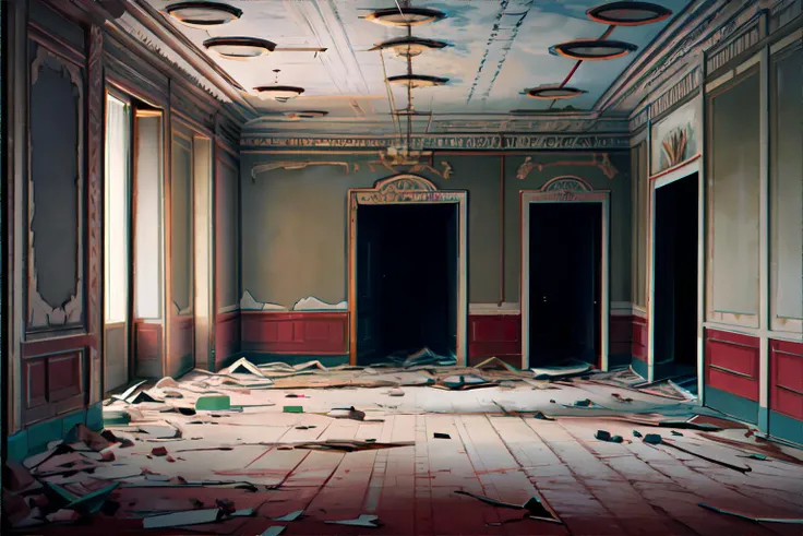 arafed room with a ceiling and a lot of debris on the floor