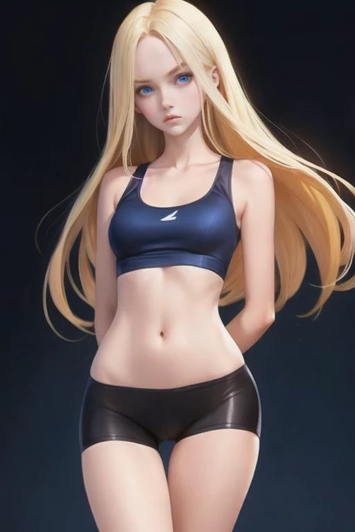 full body portrait, 2d, anime, hentai, dark theme, black background, fair skin, caucasian, girl, youthful adult, college age, 18 year old, standing, arms behind back, trembling, slim, bike shorts, tank top, medium breasts, hips, neat hair, very long platin...