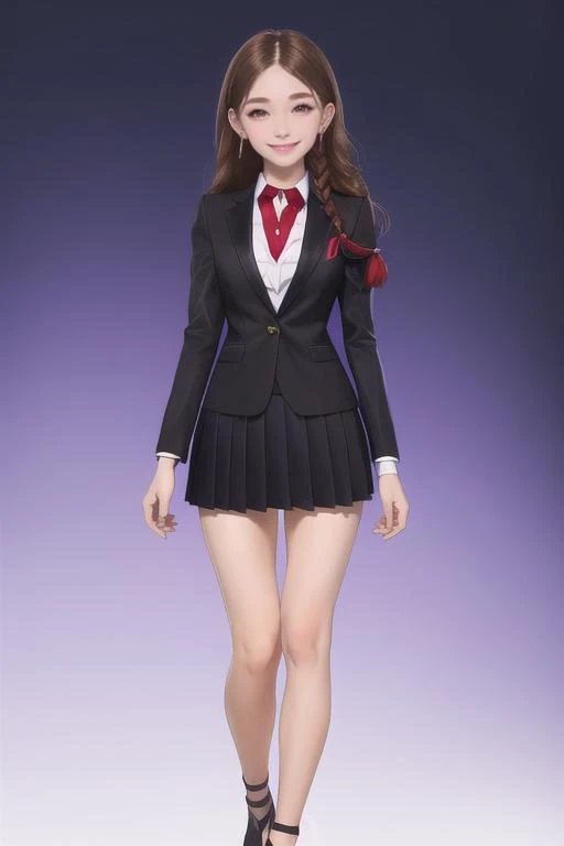 full body portrait, 2d, anime, hentai, dark theme, black background, fair skin, caucasian, woman, adult, 25 year old, best quality, standing, arms behind back, tall, (very muscular:1.3), bodybuilder, suit jacket, collared shirt, black skirt, leather with c...