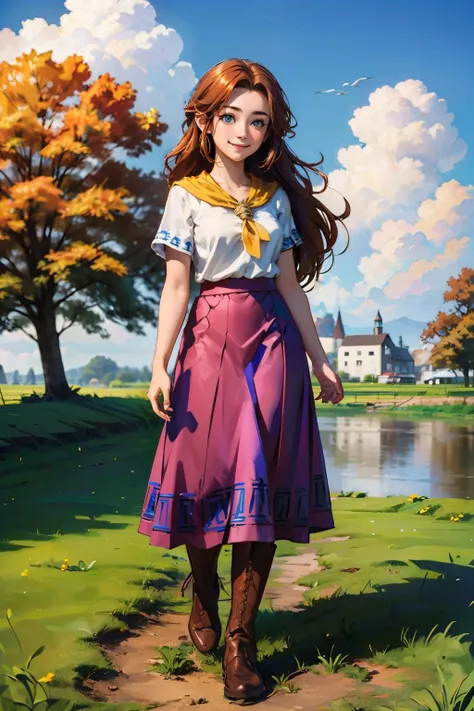 MalonOld, age 17, long hair, white shirt, purple skirt, brown boots, yellow neckerchief, looking at viewer, smiling, happy, full body shot, cute pose, 
standing, field, farm, blue sky, extreme detail, hdr, masterpiece, beautiful quality, <lora:Malon:.7>