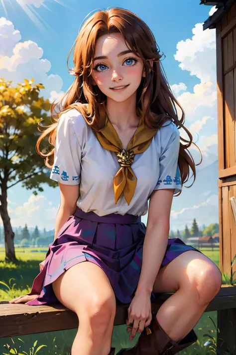 MalonOld, age 17, long hair, white shirt, purple skirt, brown boots, yellow neckerchief, looking at viewer, smiling, happy, 
sitting, on a box, field, farm, blue sky, extreme detail, hdr, masterpiece, beautiful quality, <lora:Malon:.7>