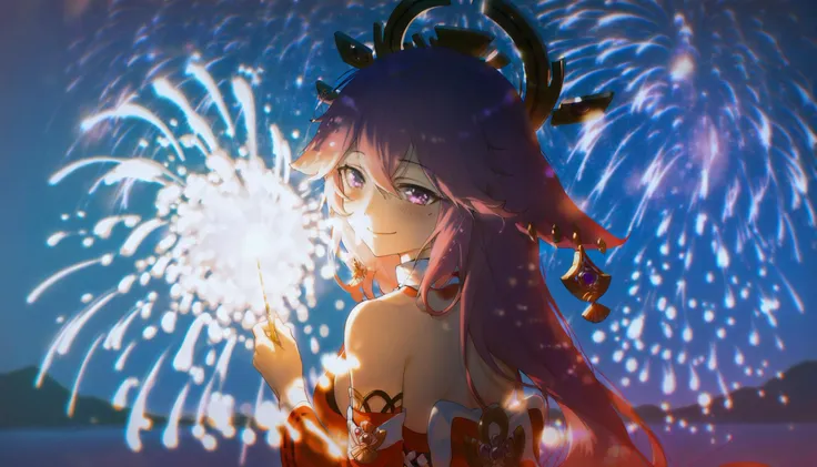 anime girl with fireworks in the background