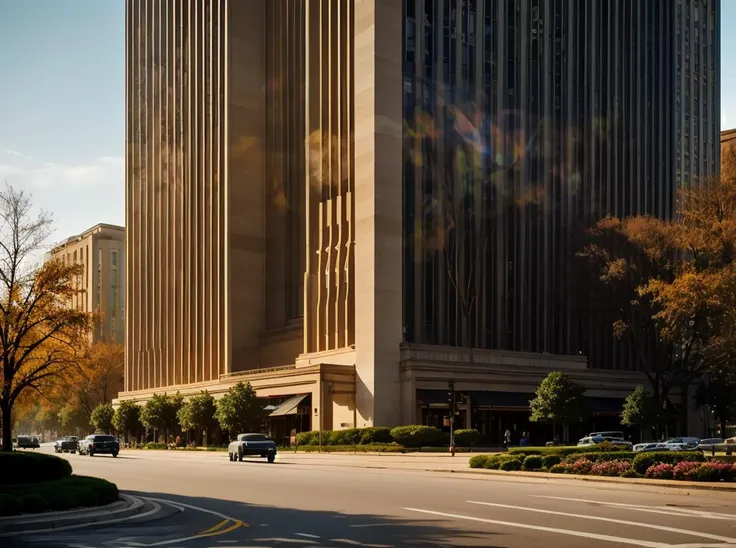 cars are driving down a city street in front of a tall building