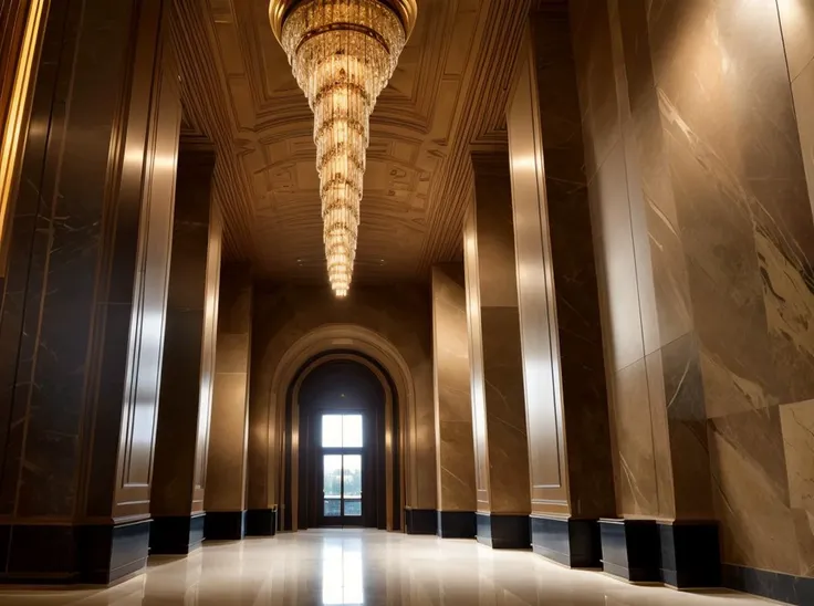 arafed view of a hallway with a chandelier and a door