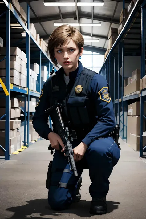 sxtopaz, woman, short pixie cut hair, brown hair, blue eyes, earrings, lipstick, police uniform, looking serious, crouching, on one knee,
holding a rifle, inside a dark warehouse, dark, flickering light, extreme detail, hdr, realistic quality,  <lora:topaz...