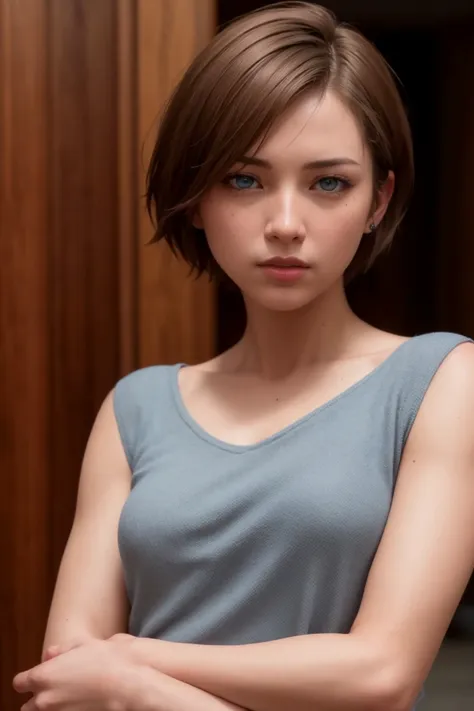 masterpiece, best quality, ultra high res, (photorealistic:1.8), unreal_engine, photograph, realistic_skin_texture, <lora:topaz-officer-v1:0.65>, upper body, 1girl, solo, sxtopaz, short hair, brown hair, blue eyes