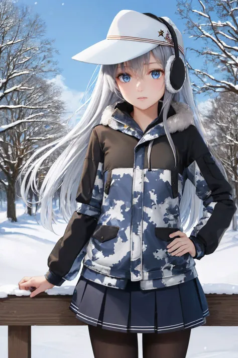 (masterpiece, best quality:1.2), <lyco:kancolle_verniy-17:1.0>, cowboy shot, solo, 1girl, verniysaury, expressionless, closed mouth, looking at viewer, hand on hip, grey hair, white headwear, hat, earmuffs, camouflage jacket, long sleeves, black skirt, bla...