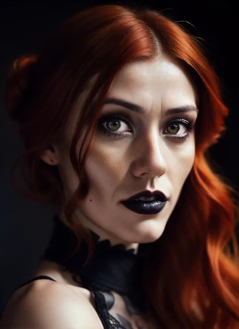 a close up of a woman with red hair and black lipstick