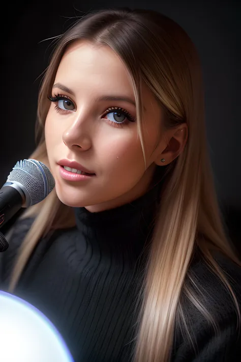 arafed woman with long blonde hair and blue eyes speaking into a microphone