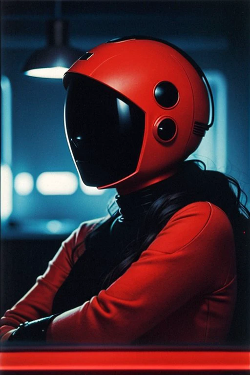 arafed woman in a red helmet sitting on a motorcycle