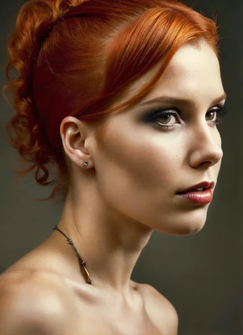 a woman with red hair and a necklace on her neck