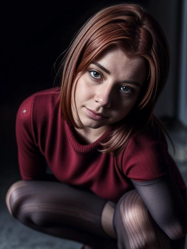 a close up of a woman in tights and a red sweater