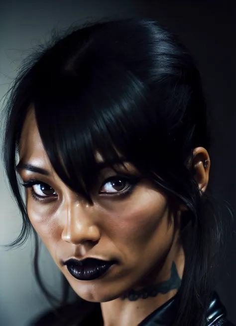 a close up of a woman with a black lip and a black dress