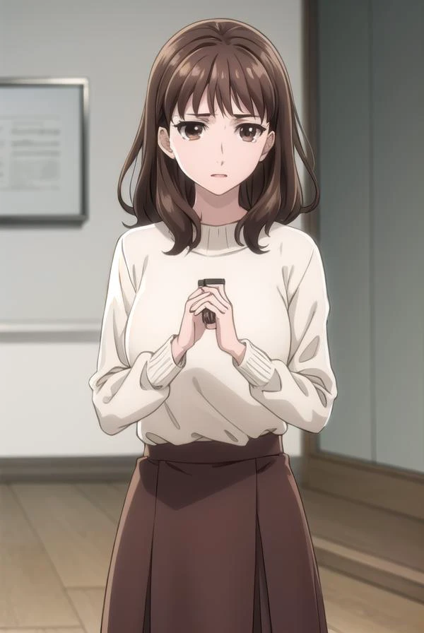 ariematsushima, <lora:arie matsushima s1-lora-nochekaiser:1>,
arie matsushima, long hair, brown hair, (brown eyes:1.5),
BREAK skirt, long sleeves, sweater, makeup, lipstick, long skirt, brown skirt, white sweater,
BREAK indoors, office,
BREAK looking at vi...