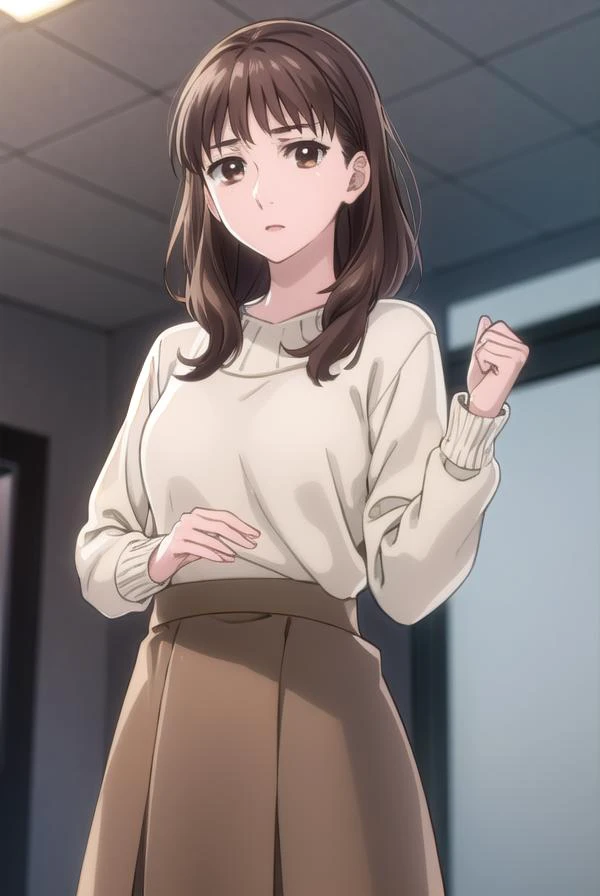 ariematsushima, <lora:arie matsushima s1-lora-nochekaiser:1>,
arie matsushima, long hair, brown hair, (brown eyes:1.5),
BREAK skirt, long sleeves, sweater, makeup, lipstick, long skirt, brown skirt, white sweater,
BREAK indoors, office,
BREAK looking at vi...