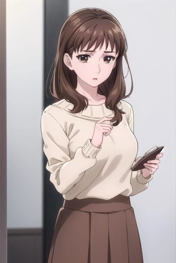 ariematsushima, <lora:arie matsushima s1-lora-nochekaiser:1>,
arie matsushima, long hair, brown hair, (brown eyes:1.5),
BREAK skirt, long sleeves, sweater, makeup, lipstick, long skirt, brown skirt, white sweater,
BREAK indoors, office,
BREAK looking at vi...