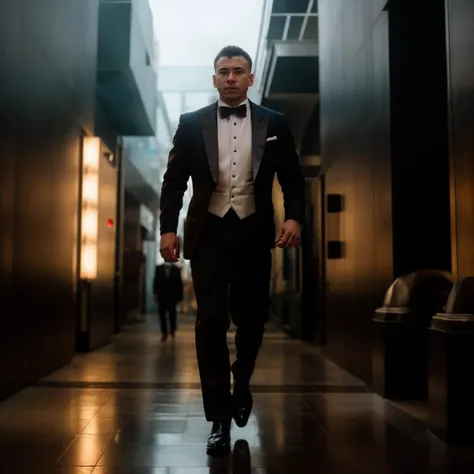 arafed man in a tuxedo walking down a hallway