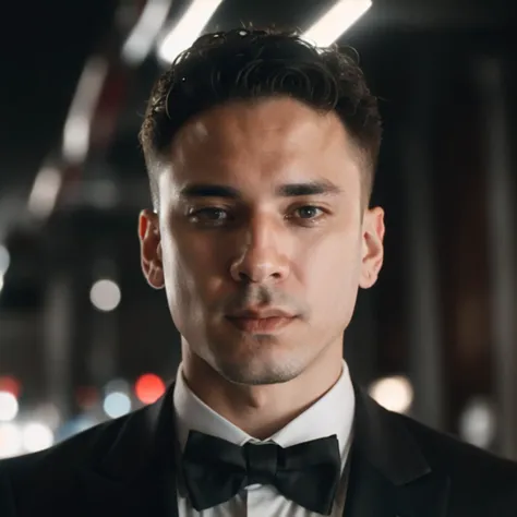 a close up of a man in a tuxedo and bow tie