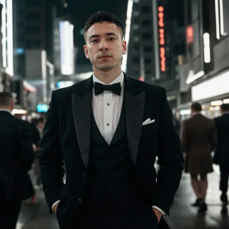 arafed man in a tuxedo standing in a busy city street