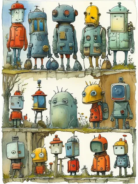 a painting of a bunch of robots standing on a shelf