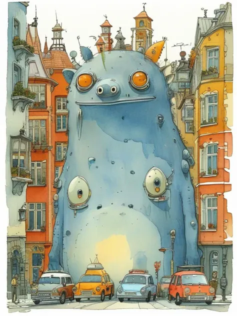 illustration of a blue monster with eyes and a car in front of a building