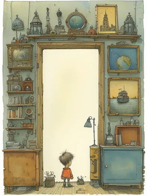 illustration of a boy looking at a room with a cat and a clock