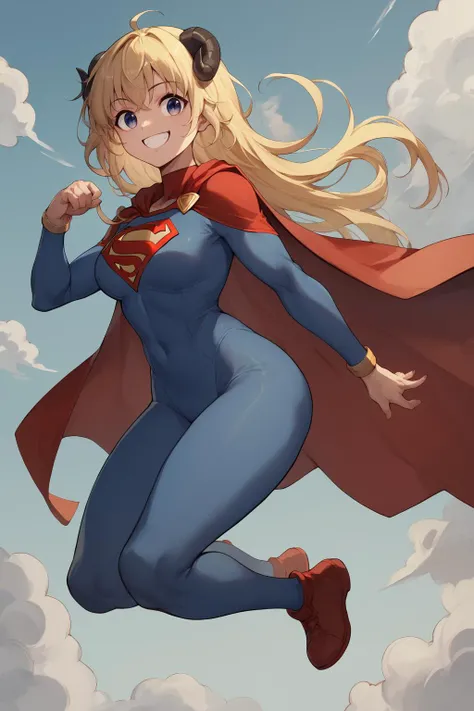 score_9, score_8_up,  <lora:last_1:1> TsunomakiWatame, horns, long hair, ahoge, wide smile, red cloak, superman outfit, flying