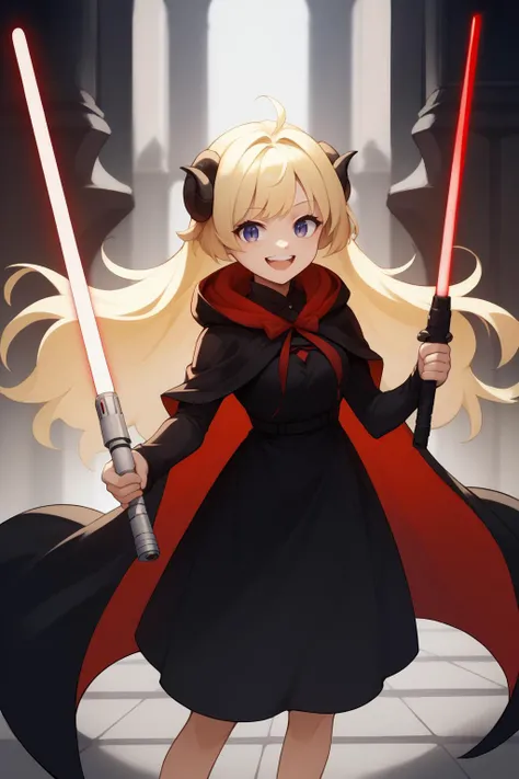 score_9, score_8_up,  <lora:last_1:1> TsunomakiWatame, horns, long hair, wide smile, holding a red lightsaber, black cloak, black dress