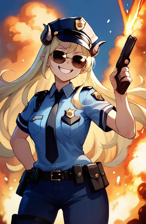 score_9, score_8_up,  <lora:last_1:1> TsunomakiWatame, horns, long hair, wide smile, police uniform, sunglasses, holding a gun, explosion in the background