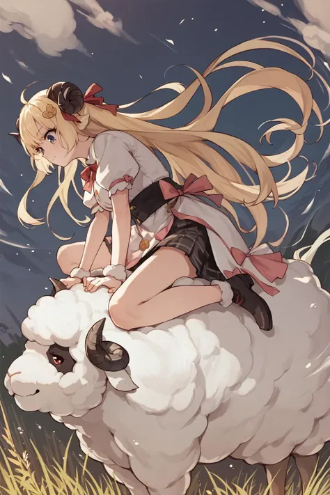 source_anime, score_9, score_8_up, 1girl, TsunomakiWatame, horns, long hair, ahoge, <lora:last_1:1> riding a sheep