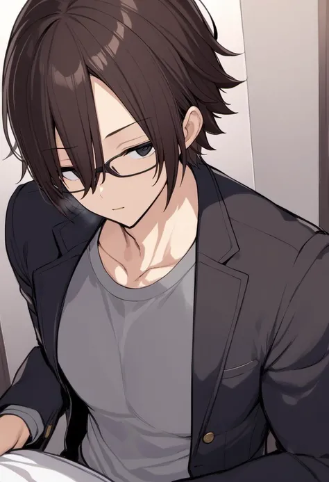 rating: general, <lora:Akira_ArakawaSensei_from_LiL-000015:1>, akira_arakawa as a man, solo, 1guy, glasses, grey t-shirt, blazer, black eyes, swirl eyes, masterpiece, best quality