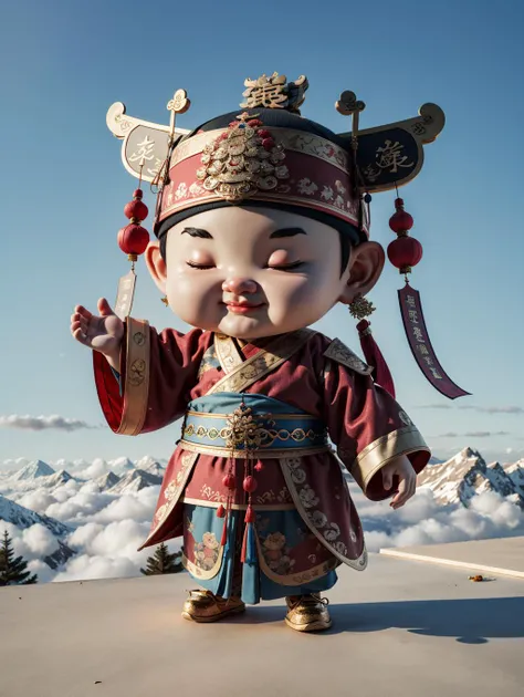 chinese new year photo of a 3D chibi <lora:å¤§å³°3då¡éè´¢ç¥-000004:0.95>_dafengcaishen_old,  standing on the cloud, during the day,realistic photography, dynamic, super cute