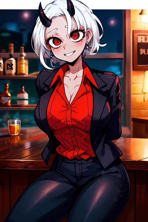 masterpiece,best quality,1girl,helltakergeneric,short hair,white hair,red eyes,earrings,horns,(business suit),black jacket,red shirt,black pants,smile,shy,sitting,arms behind back,bar,night,cowboy shot,<lora:Generic_GCV1:0.8>,