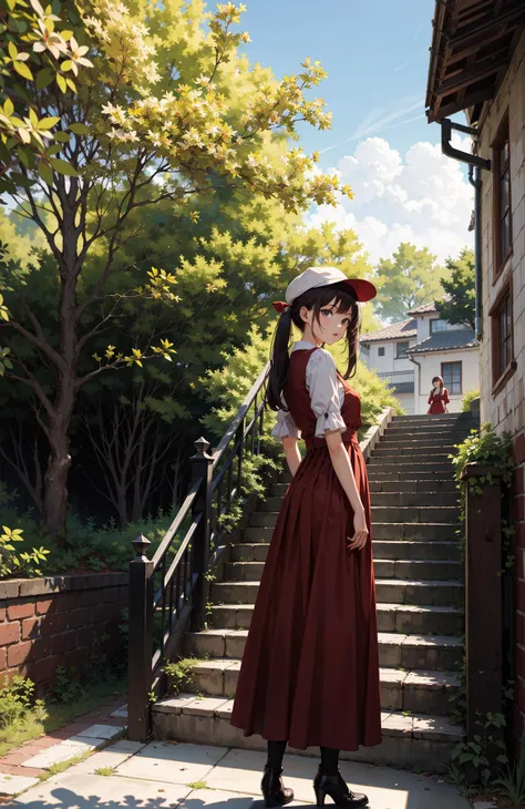 anime girl in a red dress and hat standing on a set of stairs