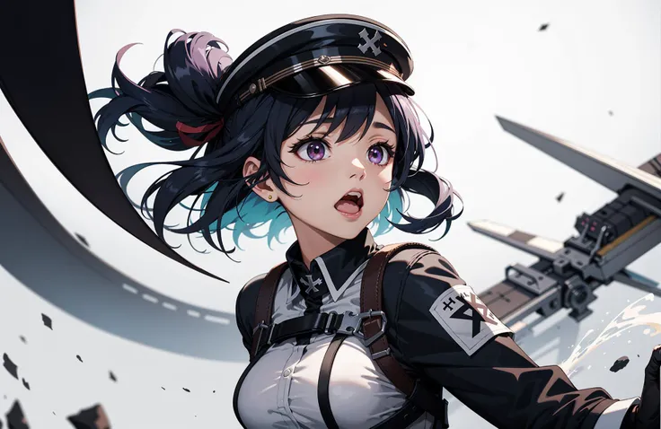 score_9, score_8_up, score_7_up, , rating_general,  ,1girl ,ebsd, gradient purple eyes, multicolored hair, two side up, streaked hair, black hair ribbon, peaked cap, red armband, white leotard, chest harness, corset, shoulder cutout, puffy long sleeves, ir...