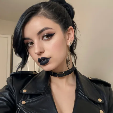 a woman with black lipstick and a black leather jacket