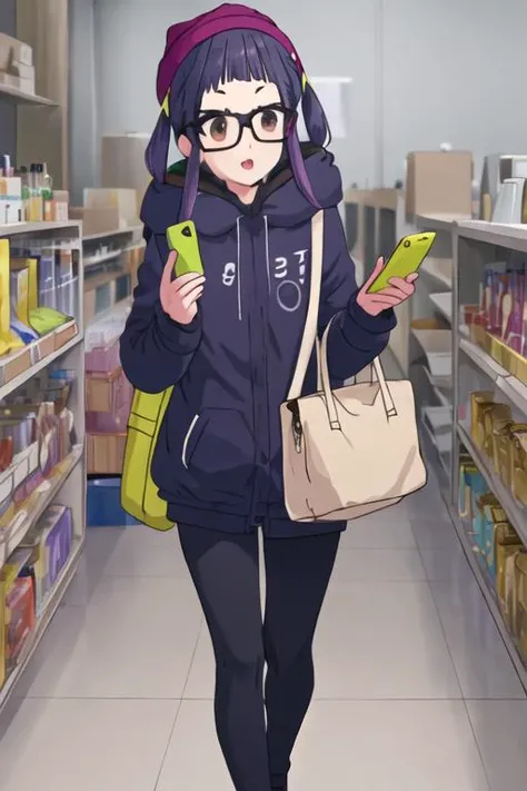 best quality, masterpiece, highres, solo, {ogaki_chiaki_yurucamp:1.15}, glasses, purple_hair, long_hair, brown_eyes, black-framed_eyewear, blue_hair, 1girl, cellphone, holding_phone, phone, smartphone, hat, holding