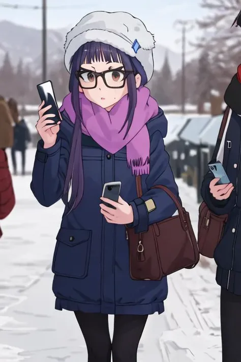 best quality, masterpiece, highres, solo, {ogaki_chiaki_yurucamp:1.15}, glasses, purple_hair, long_hair, brown_eyes, black-framed_eyewear, blue_hair, 1girl, cellphone, hat, outdoors, phone, smartphone, sweatdrop, blurry_background, scarf, holding_phone