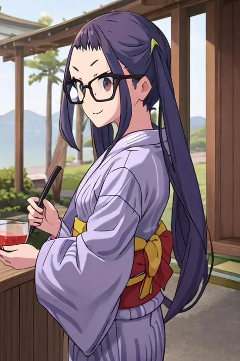 best quality, masterpiece, highres, solo, {yukata:1.40}, {kimono:1.20}, {ogaki_chiaki_yurucamp:1.15}, glasses, purple_hair, long_hair, brown_eyes, black-framed_eyewear, blue_hair