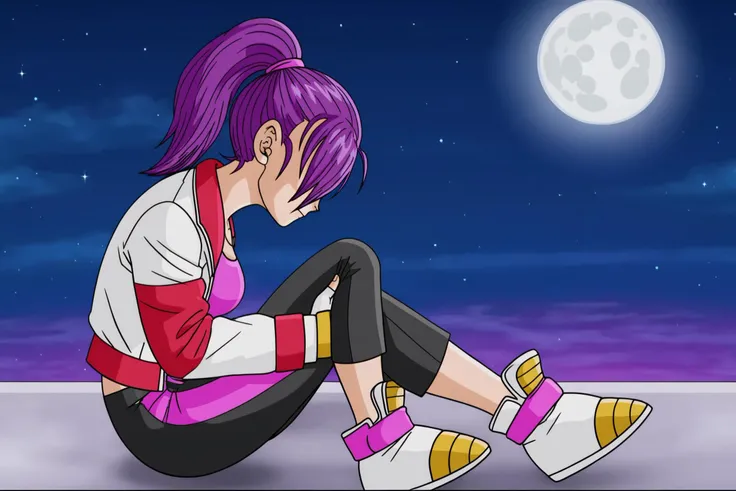 source_anime, score_9, score_8_up, score_7_up, anime screencap,8k, absurd res,
bra (dragon ball), 1girl, solo, breasts, white gloves, medium breasts, sitting, jacket, full body, ponytail, purple hair, saiyan shoes, midriff, pants, fingerless gloves, purple...