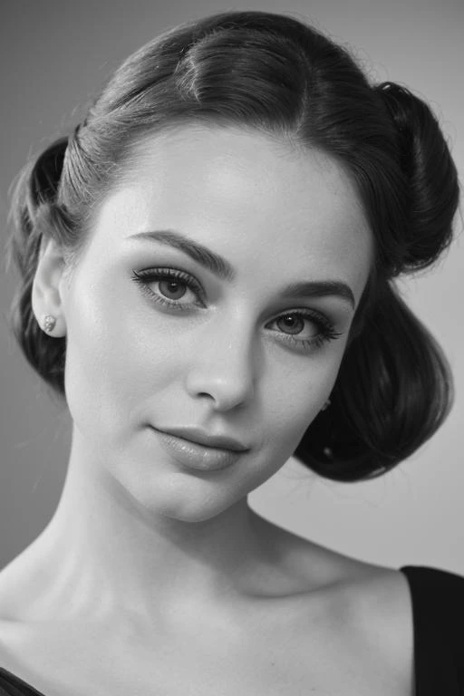 face, monochrome, portrait, 1940s hairdo, headshot, ponytail, ((cleavage)), formal hairstyle, flirty, parted lips, (looking at viewer)     M4r1n4V1sc0nt1_HM-135